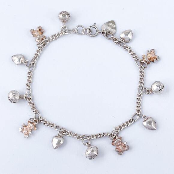 Vintage Sterling Silver Charm Bracelet | Hearts, Bells & Teddy Bears | 7” - Picture 2 of 6